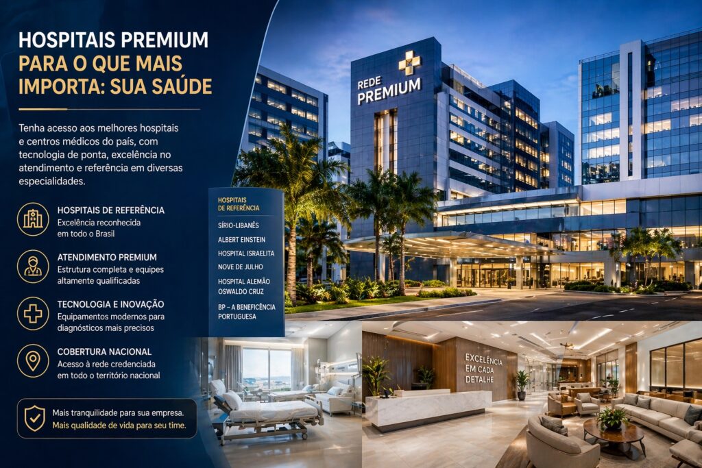 Hospitais premium com estrutura moderna para plano de saúde empresarial com atendimento de alto padrão