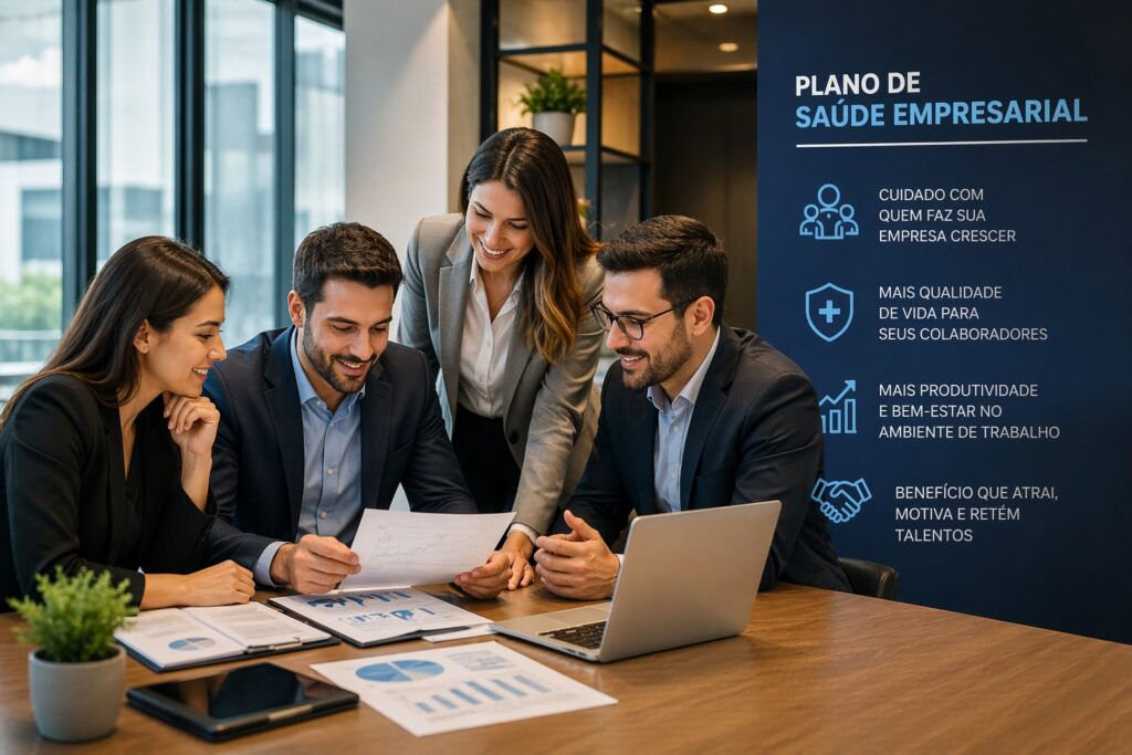 Equipe empresarial analisando plano de saúde empresarial e benefícios corporativos