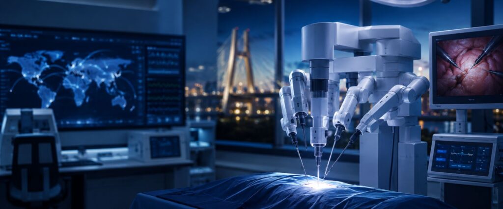 Centro cirúrgico robótico moderno em hospital premium com tecnologia avançada e ambiente corporativo sofisticado.