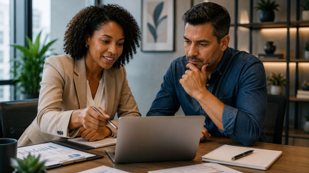 Consultora apresentando opções de planos empresariais a um cliente