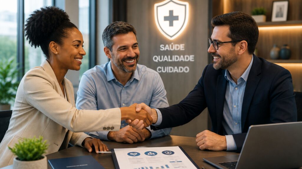 Empresários concluindo a escolha do plano de saúde com apoio de um consultor