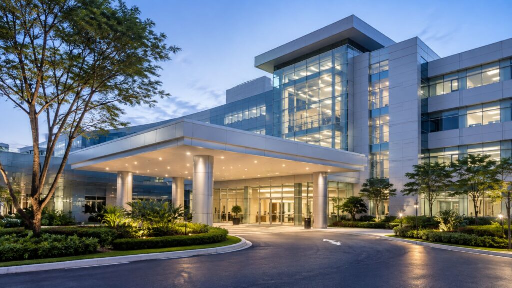 Hospital moderno representando a rede credenciada dos planos de saúde empresariais