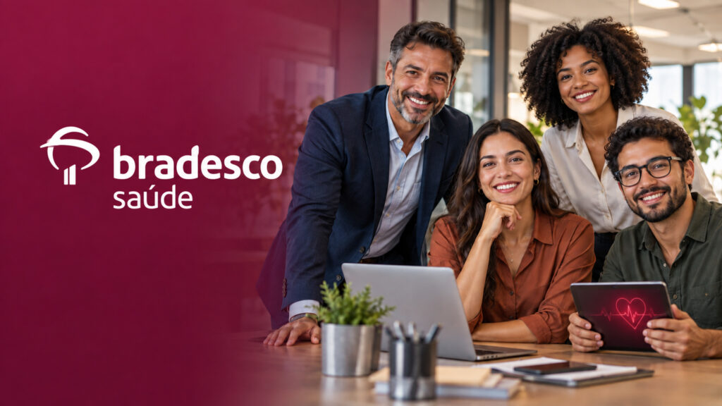 Equipe de empresa ao lado da marca Bradesco Saúde, ilustrando planos empresariais para 3 a 199 vidas