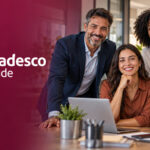 Equipe de empresa ao lado da marca Bradesco Saúde, ilustrando planos empresariais para 3 a 199 vidas