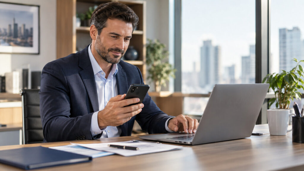 Empresário enviando dados para solicitar uma cotação de plano de saúde empresarial