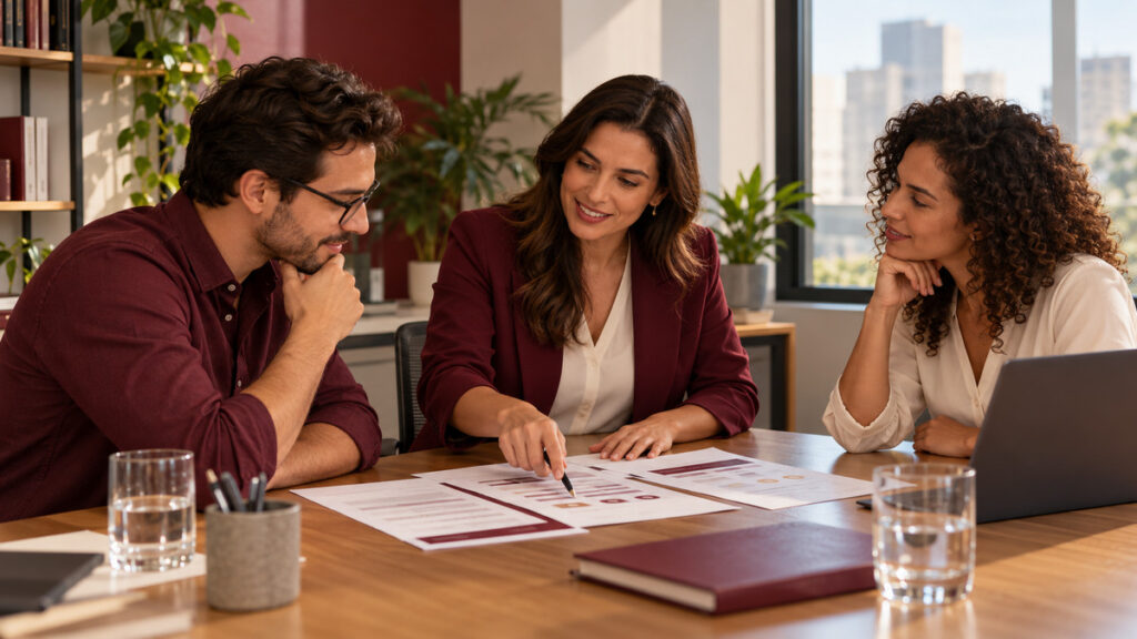 Três profissionais analisam propostas de planos de saúde empresariais em uma mesa de reunião