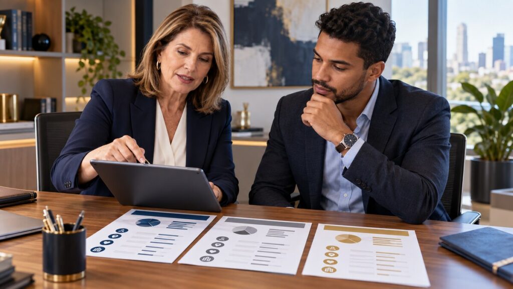 Consultora apresenta diferentes propostas de planos empresariais a um empresário