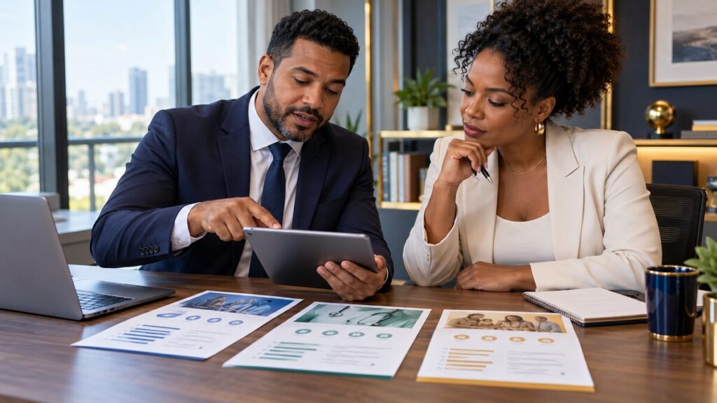 Consultor compara preços, coberturas e redes credenciadas de planos empresariais