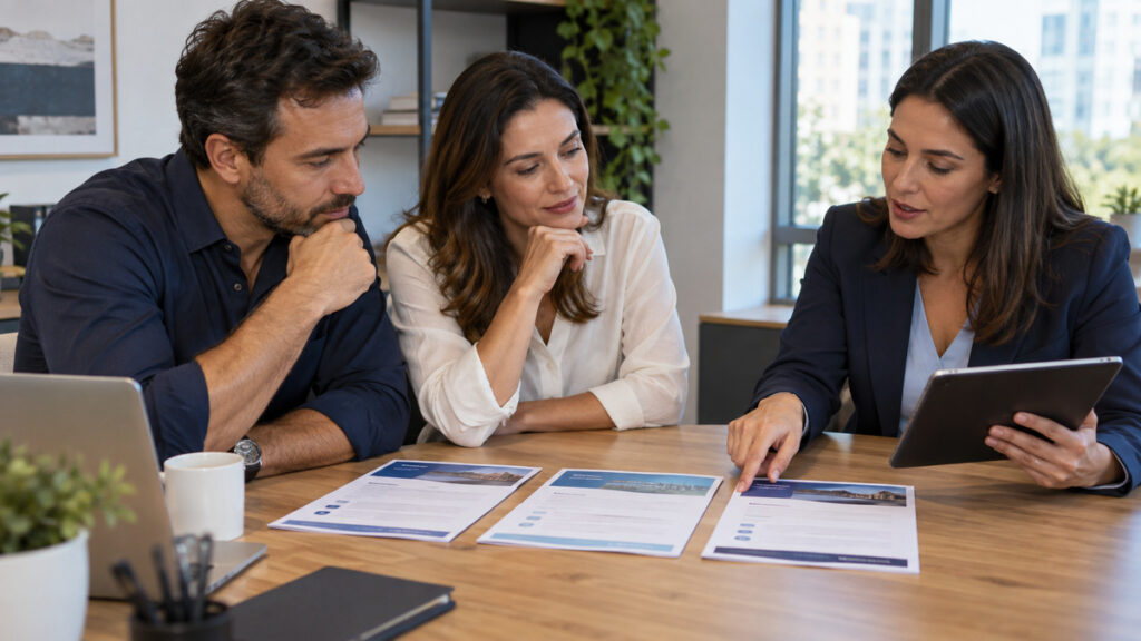 Empresários comparando diferentes opções de planos de saúde empresariais com uma consultora