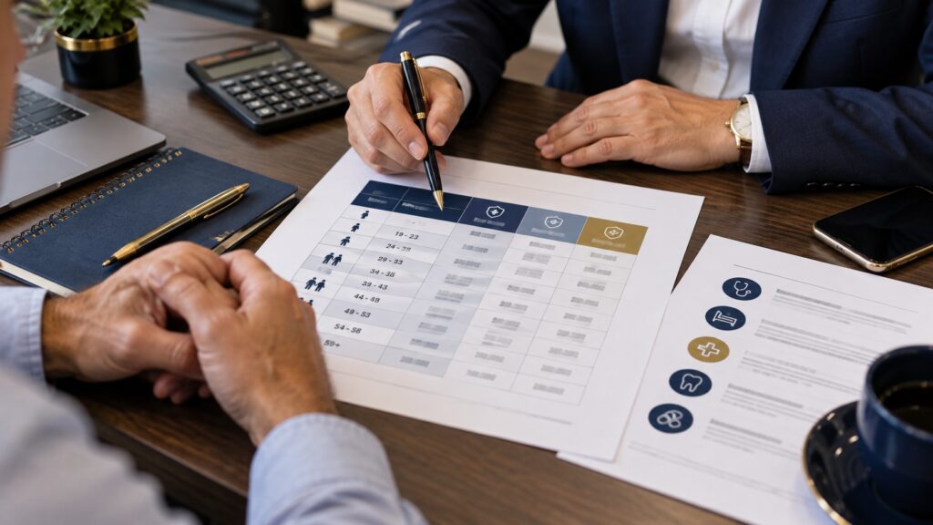 Consultor analisa as faixas etárias de uma tabela de preços de plano de saúde empresarial.