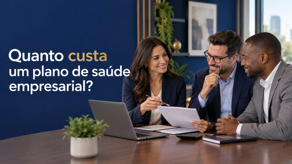 Consultora apresentando quanto custa um plano de saúde empresarial para dois empresários