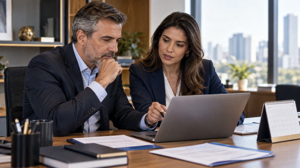 Diretor e consultora analisando o reajuste anual do plano de saúde empresarial