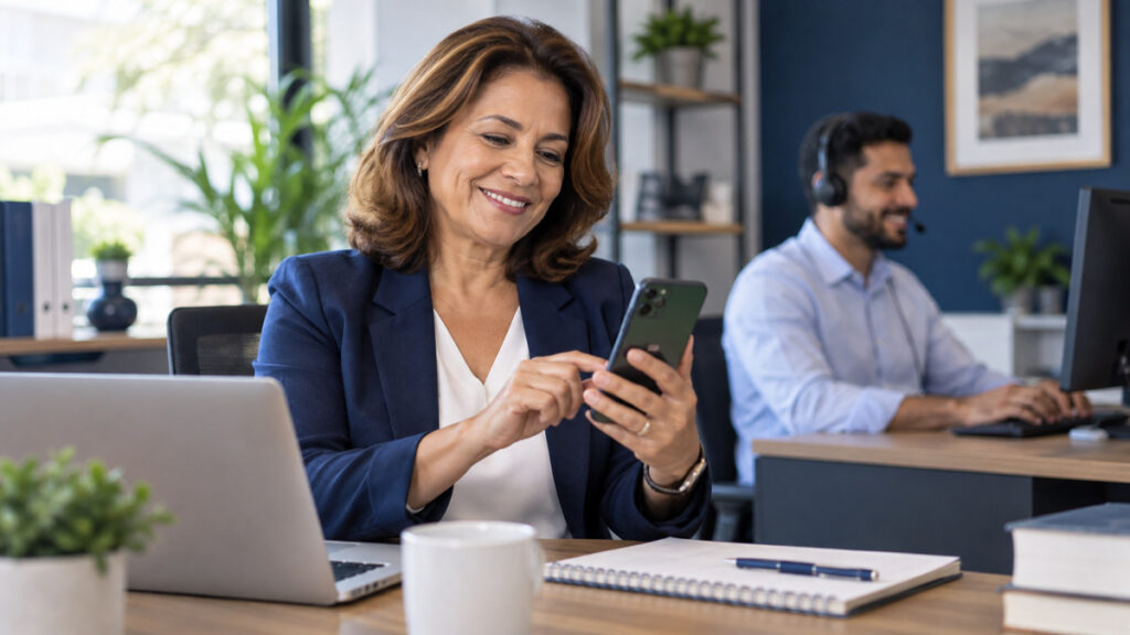 Empresária solicitando atendimento personalizado para cotação de plano empresarial pelo WhatsApp