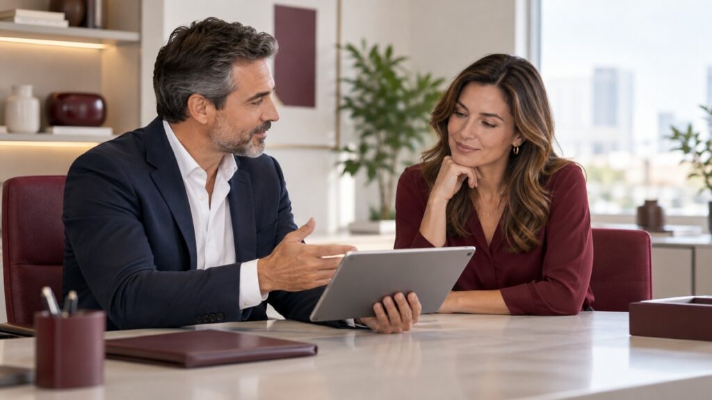 Consultor apresenta opção do Bradesco Saúde Efetivo IV em um tablet a uma empresária durante reunião em escritório.
