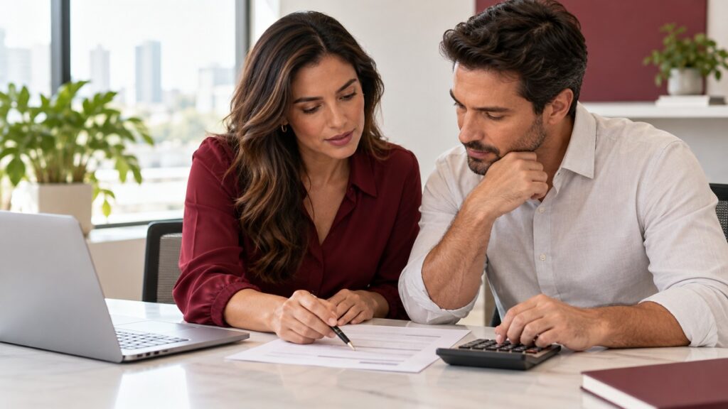Dois adultos analisam documentos com uma calculadora para planejar os custos do plano de saúde