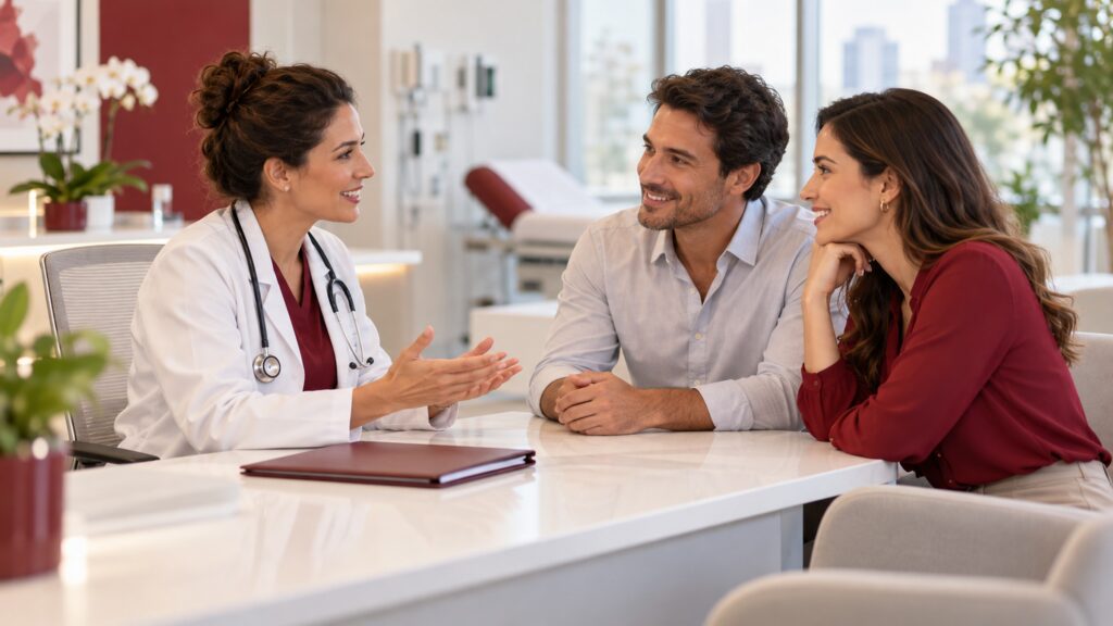 Médica conversa com dois adultos em consultório moderno com detalhes em vinho.