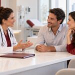 Médica conversa com dois adultos em consultório moderno com detalhes em vinho.