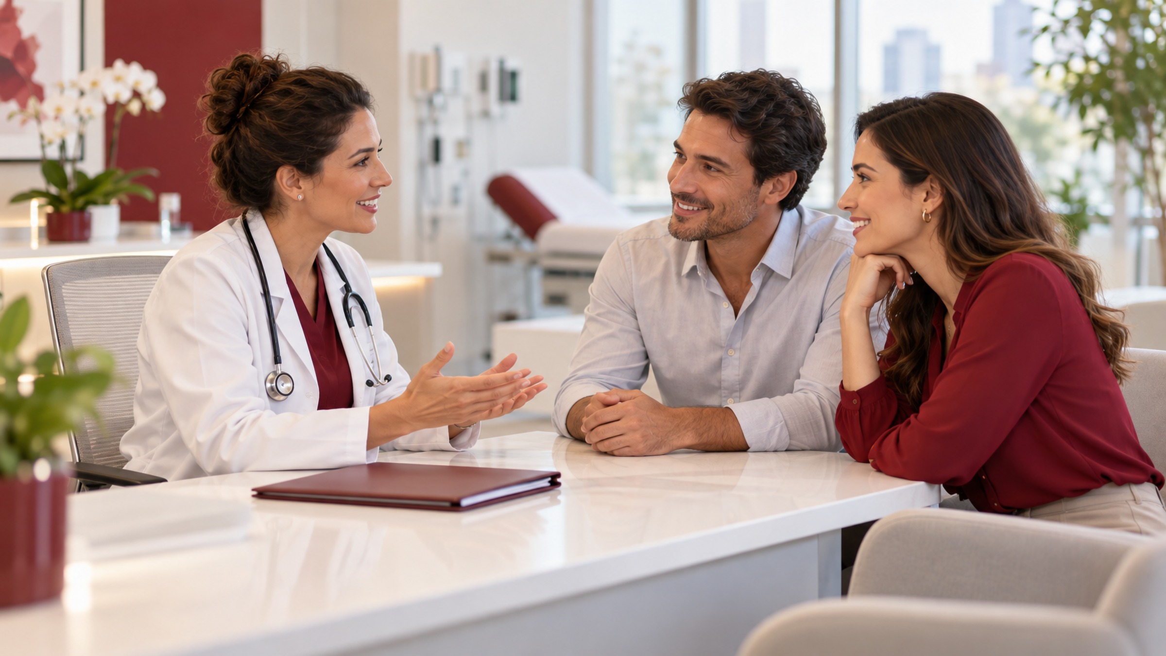 Médica conversa com dois adultos em consultório moderno com detalhes em vinho.