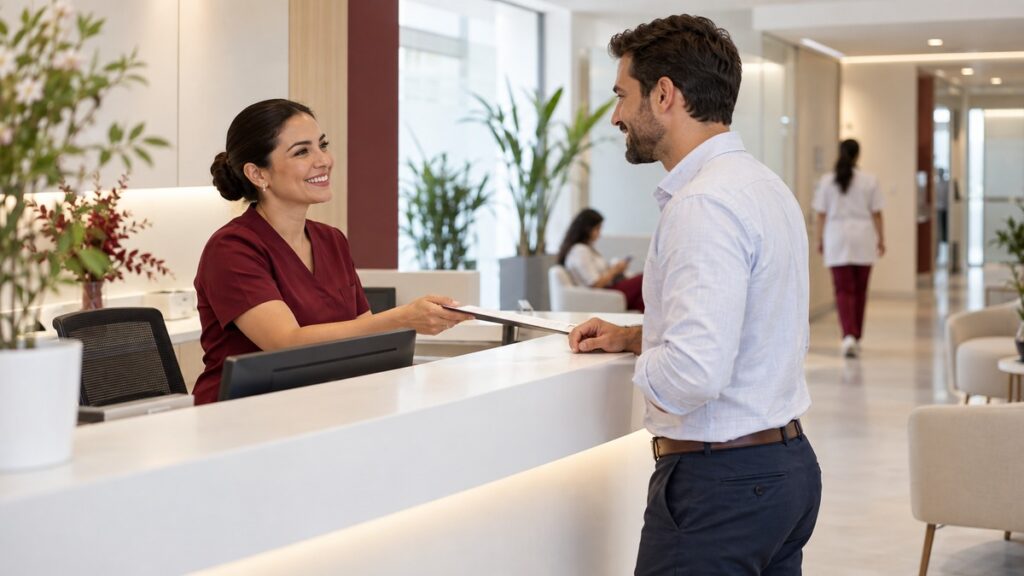 Recepcionista acolhe um homem em clínica moderna, em imagem ilustrativa para o artigo sobre Bradesco Saúde Efetivo IV.