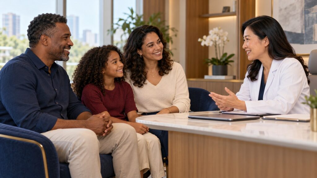 Família conversa com médica em consultório, em imagem ilustrativa sobre plano de saúde empresarial com Einstein Goiânia.