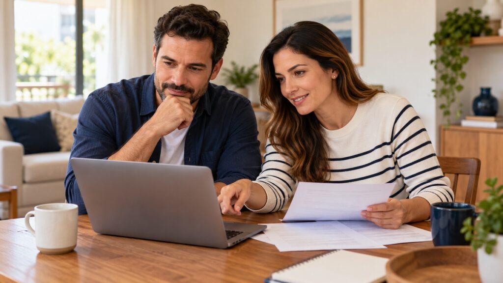 Casal analisando documentos e comparando opções de plano de saúde em um notebook