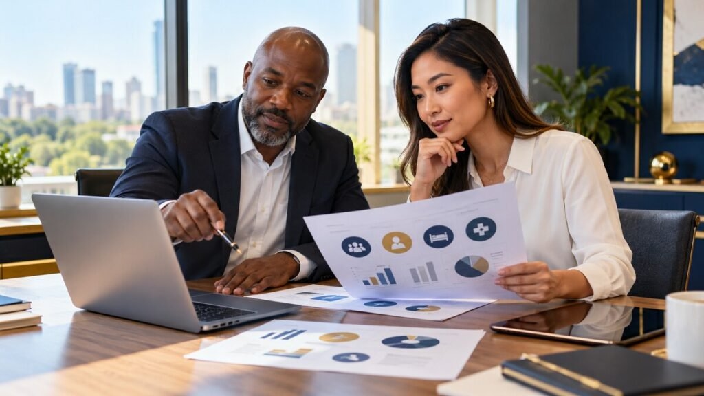 Gestores analisam os custos e as coberturas de um plano empresarial Porte II
