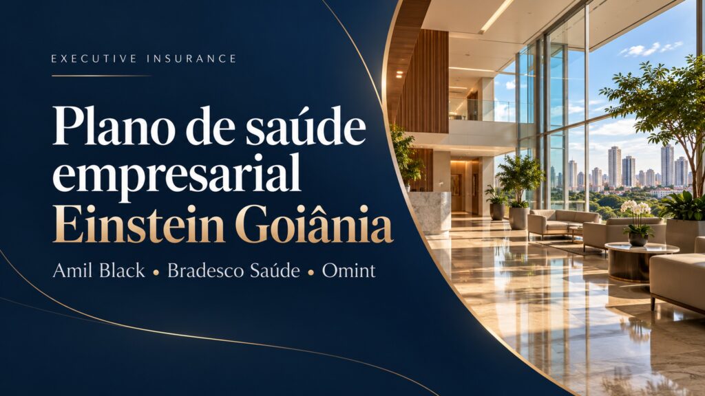 Banner azul-marinho e dourado sobre planos empresariais para o Einstein Goiânia, com ambiente hospitalar ilustrativo.