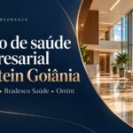Banner azul-marinho e dourado sobre planos empresariais para o Einstein Goiânia, com ambiente hospitalar ilustrativo.