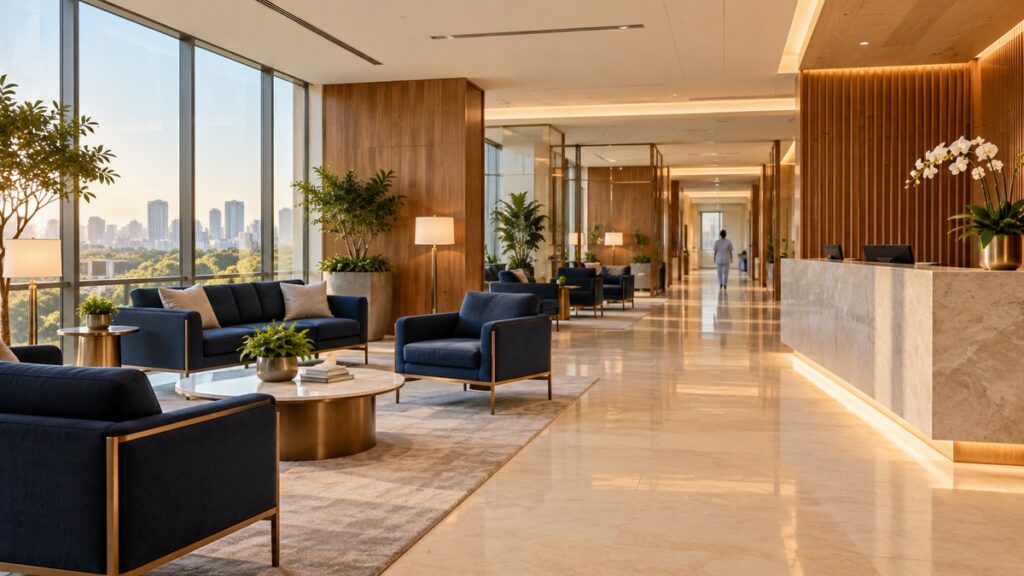 Recepção hospitalar com poltronas azul-marinho, balcão claro, plantas e grandes janelas com iluminação natural.